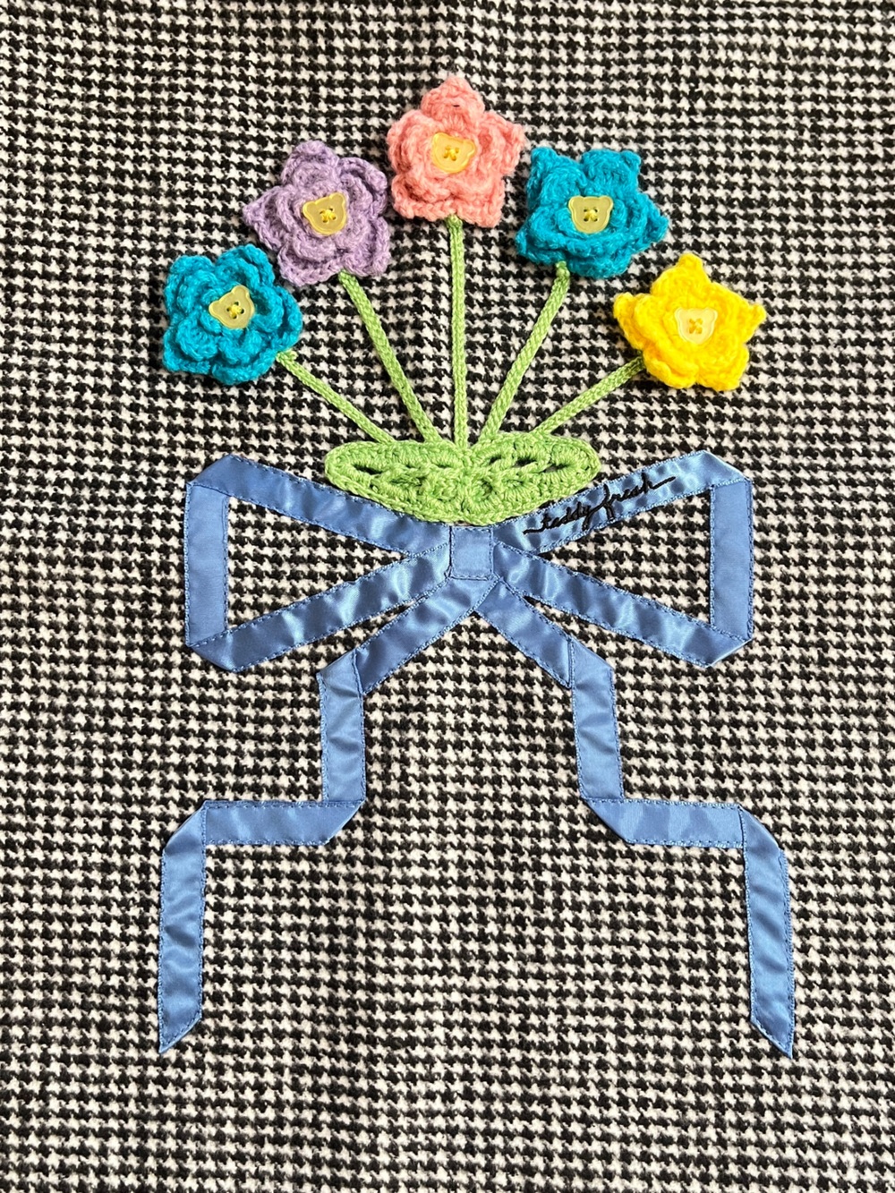 NWOT Teddy Fresh Houndstooth Drop Waist Dress Crochet Bouquet Sz L Maximalism - Picture 2 of 9